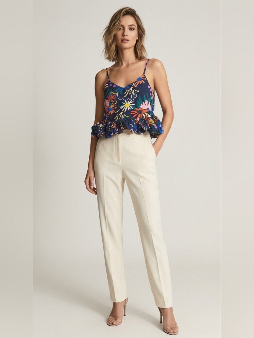 CAROLE CHRISTIAN | Floral Navy Ruffle Hem Cami Top